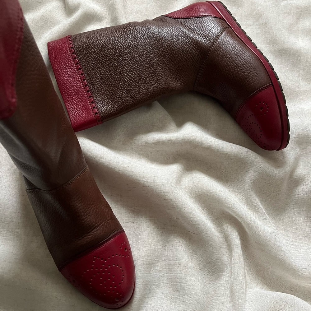 Rare Gucci Vintage 80s Pebbled Brown and Red Leather Moto Boots EU 38 US 7.5